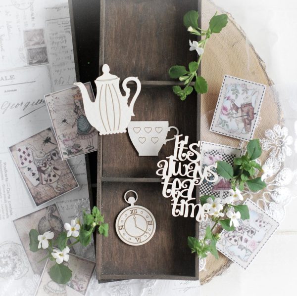 alice in wonderland set of decorative laser cut chipboard ambellishments