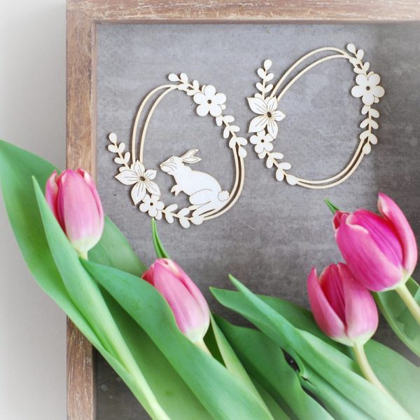 set of two decorative laser cut easter egg chipboards with flowers and bunny