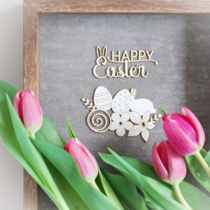 happy easter chipboard words and easter flowers, eggs, bunny