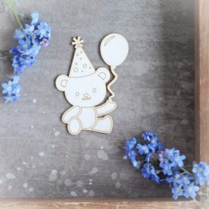 teddy bear with balloon and party hat decorative laser cut chipboard