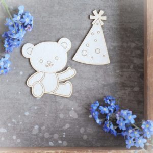 teddy bear and party hat set of decorative laser cut chipboards