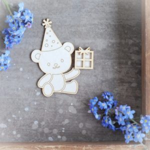 teddy bear with birthday present and party hat decorative laser cut chipboard