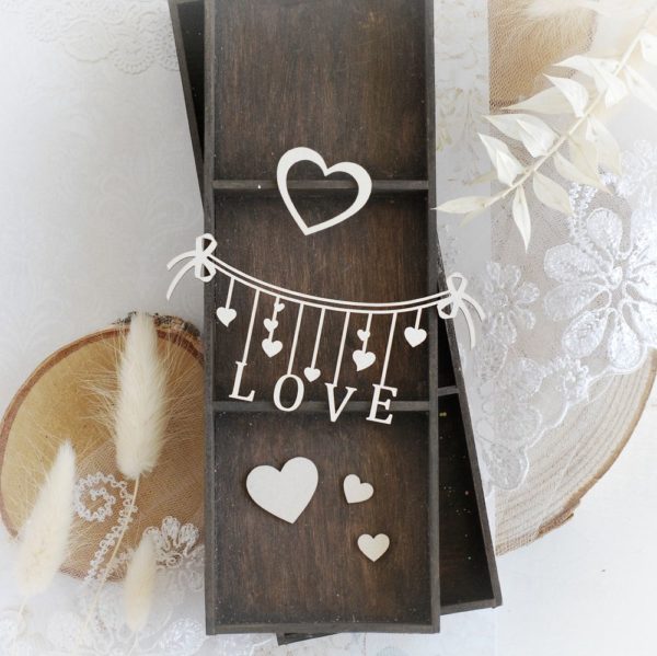 love banner and hearts decorative laser cut chipboard embellishments