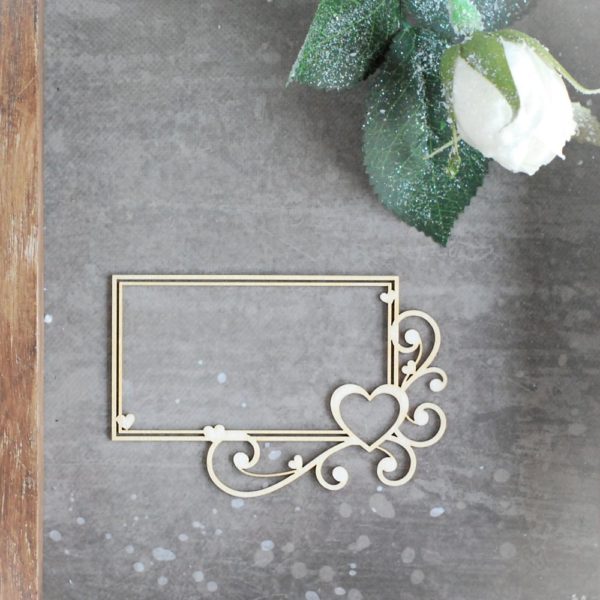 decorative laser cut chipboard rectangle frame with swirls and heart