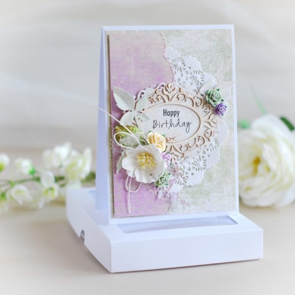 personalised luxury happy birthday card in green and purple decorated with laser cut chipboard frame and flowers