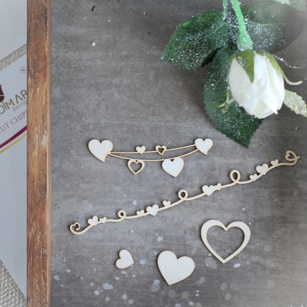 set of decorative laser cut chipboard heart elements, heart banners