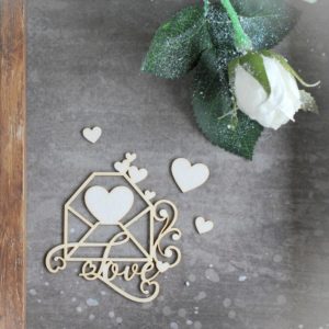 love envelope with hearts and swirl decorative laser cut chipboards