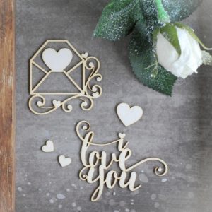 I love you, envelope and hearts decorative laser cut chipboard set