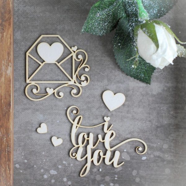 I love you, envelope and hearts decorative laser cut chipboard set