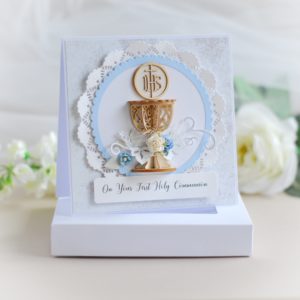 on your first holy communion card for a boy decorated with 3d laser cut chalice and flowers