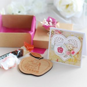 personalised thank you teacher teaching assistant gift box with wooden coaster, raffaello praline, coffee, card
