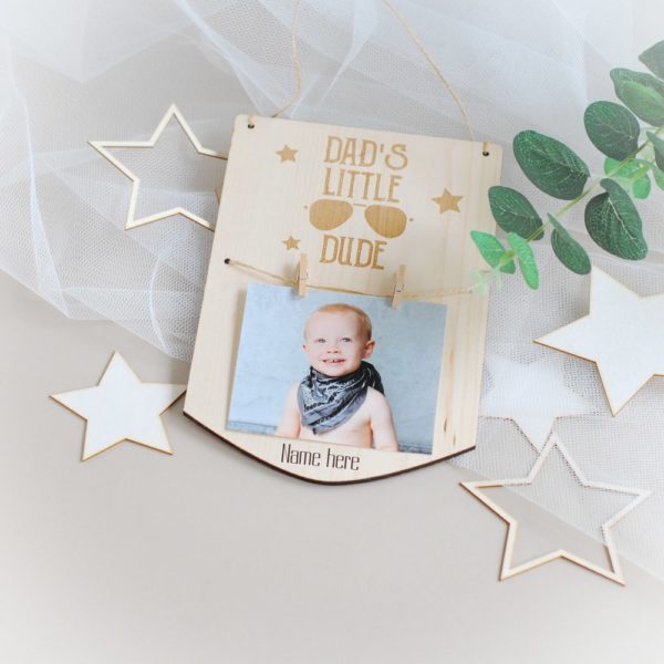 personalised fathers day wooden photo frame dad's little dude
