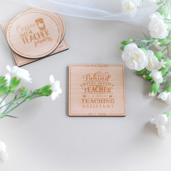 personalised thank you teaching assistant wooden drink coaster