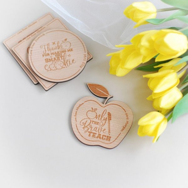 apple shape personalised thank you teacher wooden coaster