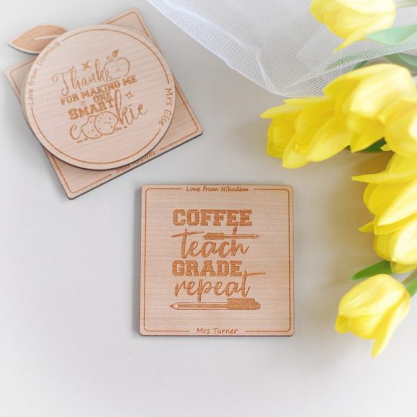 personalised thank you teacher wooden drink coaster