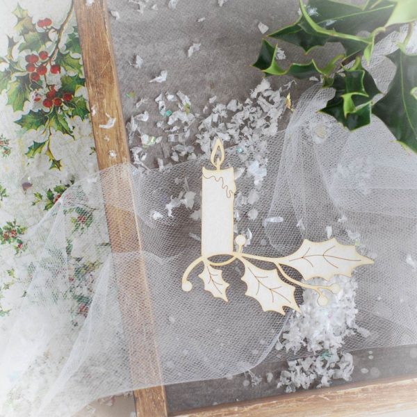 decorative laser cut chipboard candle with holly branch