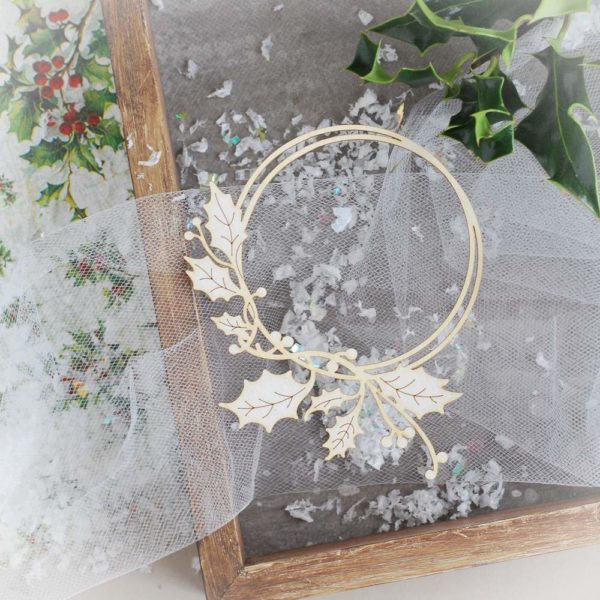 decorative laser cut chipboard christmas round frame with holly branch