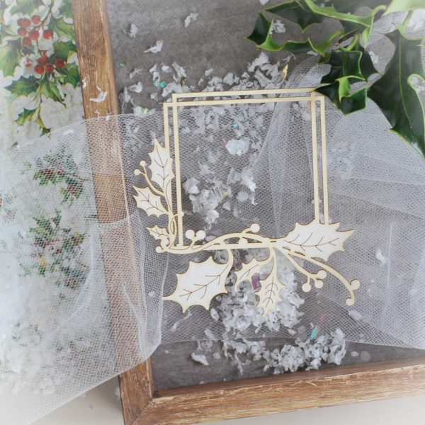decorative laser cut chipboard square christmas frame with holly branch