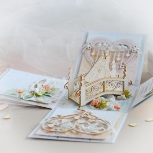 personalised mr and mrs wedding exploding box card with 3d chipboard bridge bride groom wedding ring love banner and decorative heart