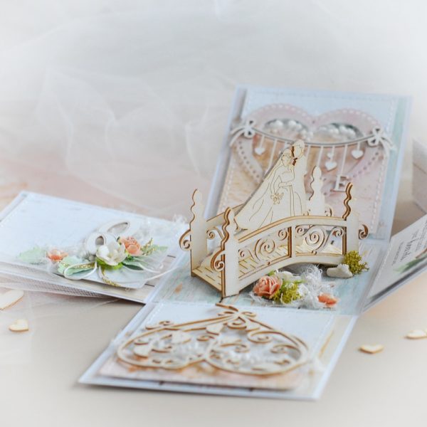 personalised mr and mrs wedding exploding box card with 3d chipboard bridge bride groom wedding ring love banner and decorative heart