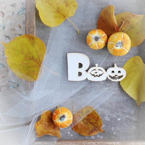 boo with pumpkins decorative laser cut chipboard