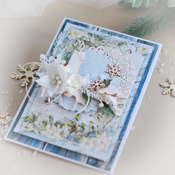 handmade christmas card with handmade flower and laser cut candle