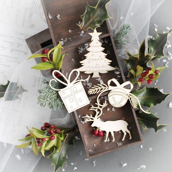 christmas tree, present reindeer and bell decorative laser cut chipboards