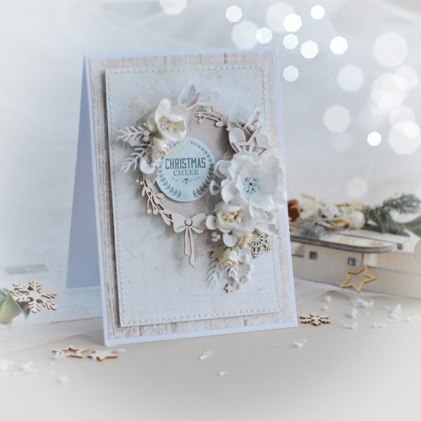 handmade christmas cheer card decorated with wreath frame and flowers