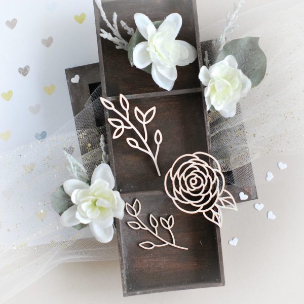 floral rose and branches decorative laser cut chipboards