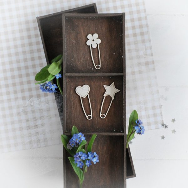 set of three decorative laser cut chipboard safety pins with heart star and flower