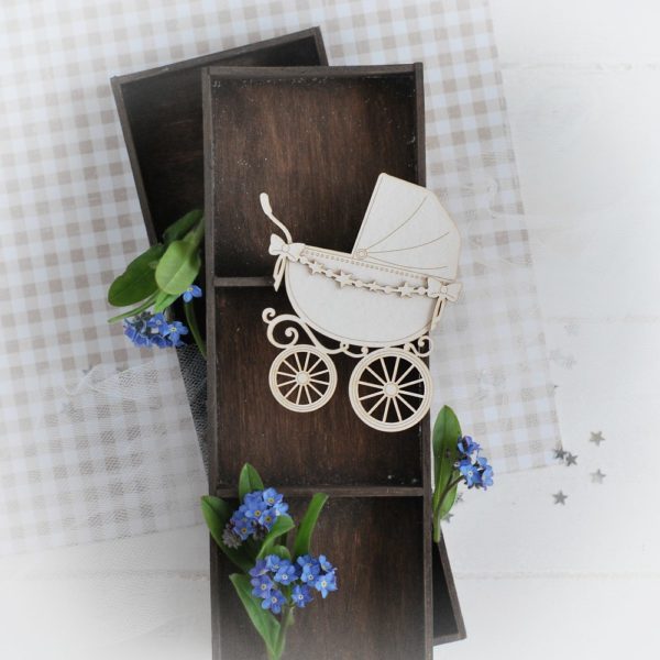 decorative laser cut chipboard pram with star garland and bows