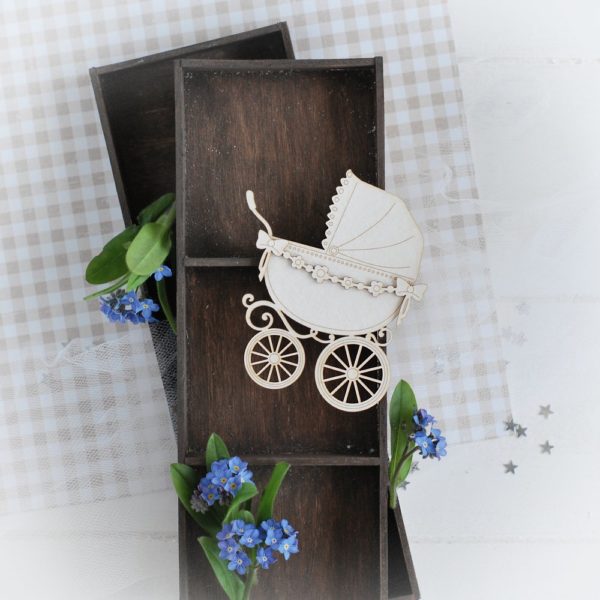 decorative laser cut chipboard pram with flower garland and bows