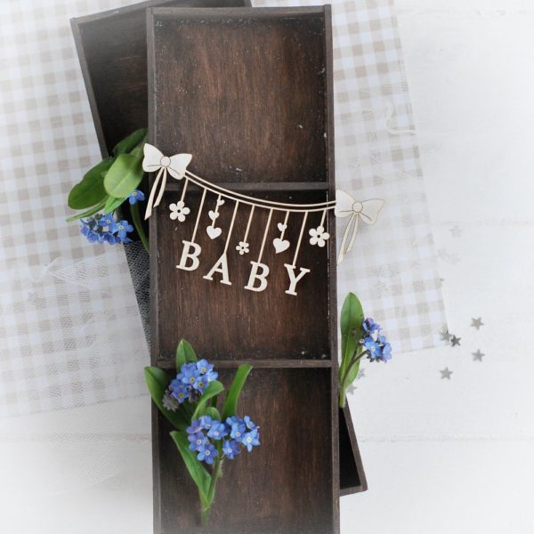 decorative laser cut chipboard baby banner with flowers and hearts