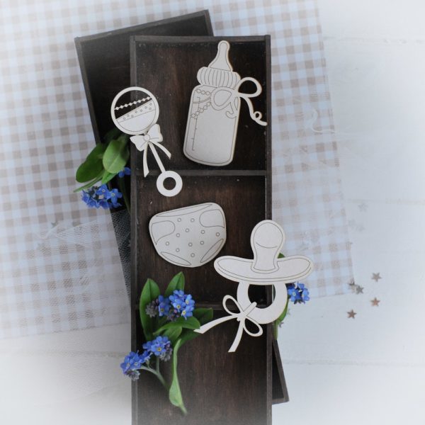 decorative laser cut chipboard elements dummy nappy rattle and bottle