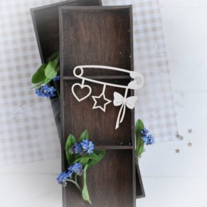 decorative laser cut chipboard safety pin with heart star and bow