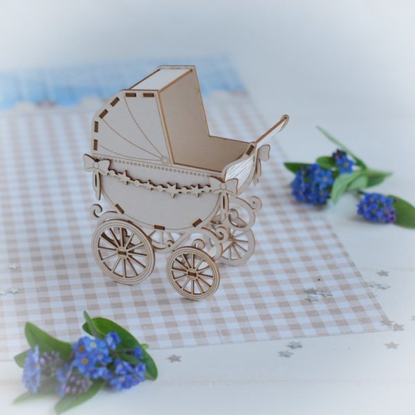 3d baby boy pram with star garland decorative laser cut chipboard