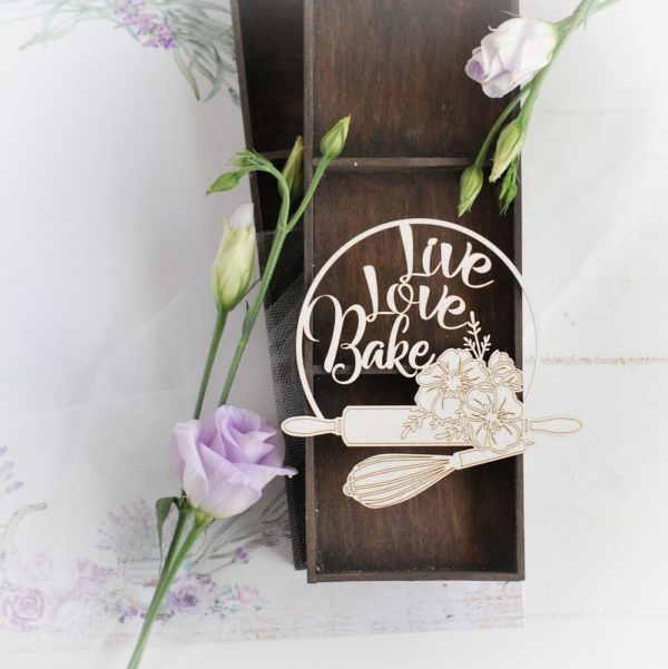 live, love, bake decorative laser cut chipboard frame with rolling pin and whisk