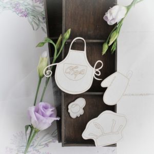 chef's hat, apron, oven gove and fried egg decorative laser cut chipboards