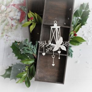 christmas collection lantern with winter branches and holly leaves and star and hearts decorative laser cut chipboard