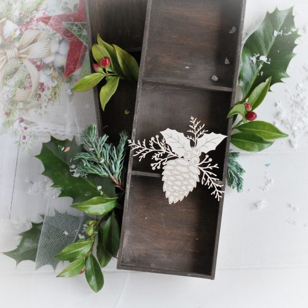 christmas collection small pine cone with winter branches and holly leaves decorative laser cut chipboard