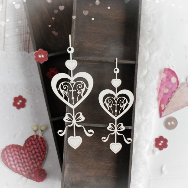 set of two hearts with bow and ornament decorative laser cut chipboards