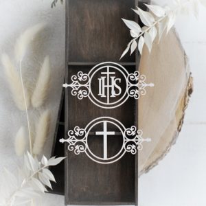 first holy communion set of two frames with ihs and cross decorative laser cut chipboard