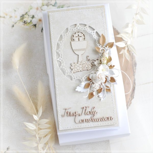personalised first holy communion card decorated with bloomar designs chalice chipboard
