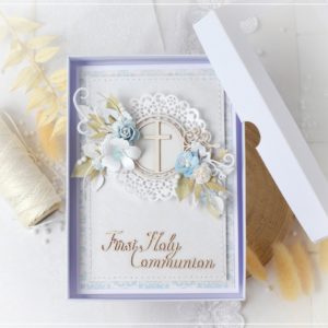 handmade first holy communion card decorated with cross frame chipboard