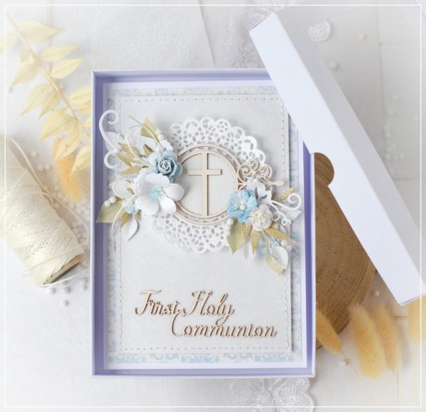 handmade first holy communion card decorated with cross frame chipboard