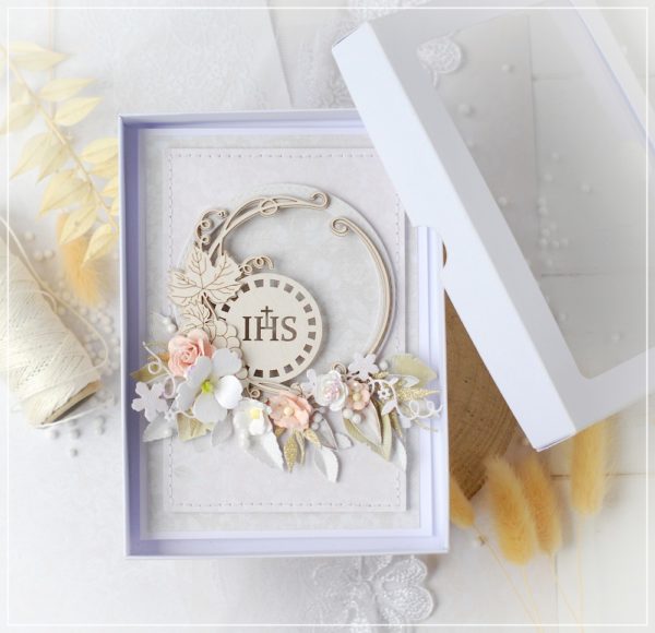 handmade first holy communion card decorated with ihs frame