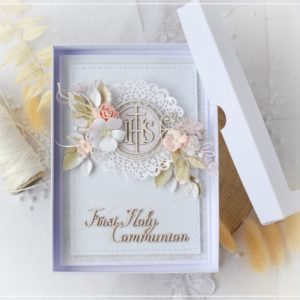 handmade first holy communion card decorated with ihs chipboard frame