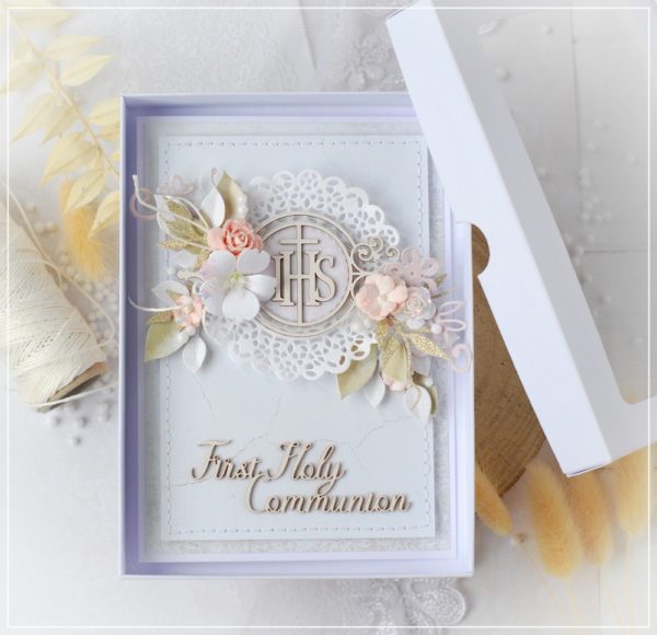 handmade first holy communion card decorated with ihs chipboard frame
