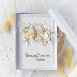 luxury handmade first holy communion card in polish with ihs frame