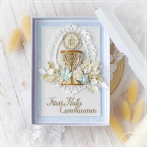personalised handmade first holy communion card for a boy decorated with 3d laser cut chalice